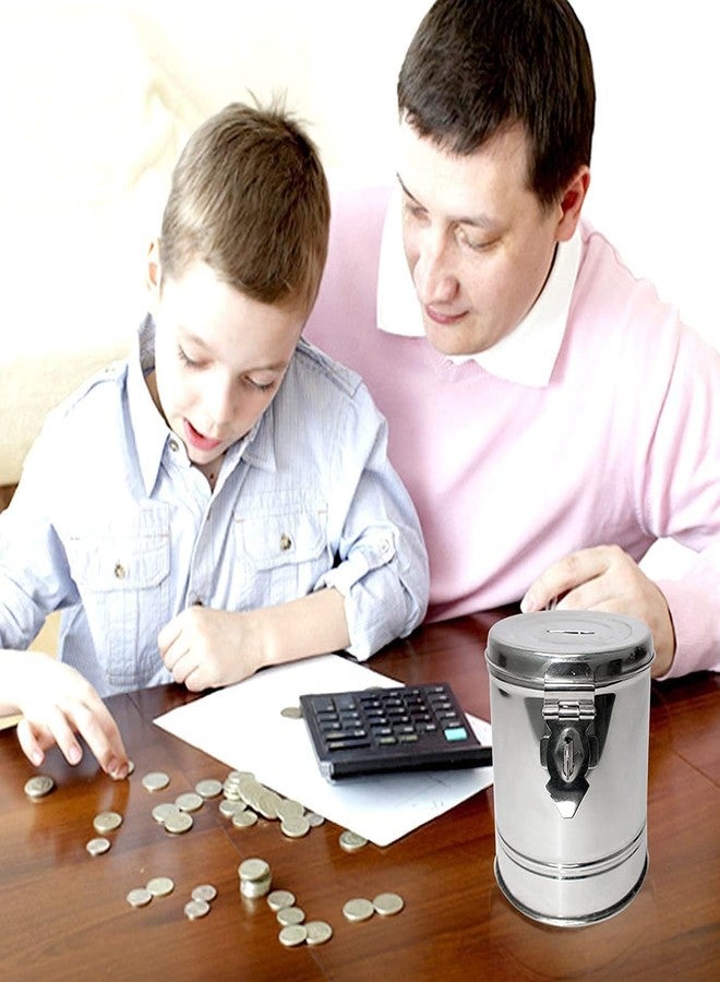 SVDK Stainless Steel Round Money Bank Gullak with Lock | Durable Reusable Metal Piggy Bank for Coins & Notes | Secure Savings Box for Kids & Adults (Silver, Pack of 2) - Image 2